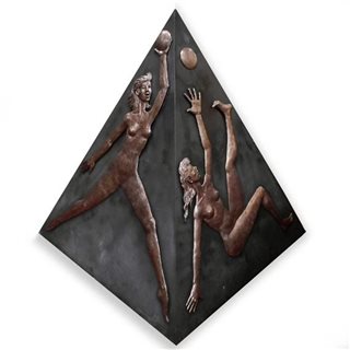 Bronze Pyramid Centerpiece Sculpture with Nude Female Figures Encircling the Surface