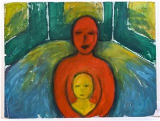 Surreal Painting with Mother and Child in an Interior